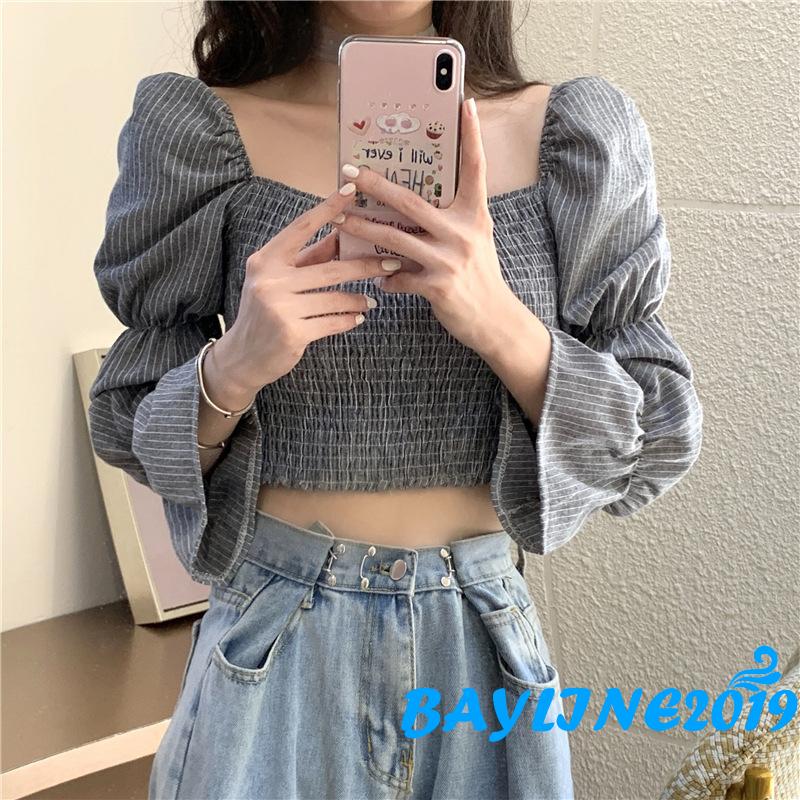 Áo Lửng Tay Dài Họa Tiết Sọc Thời Trang Quyến Rũ Cho Nữ