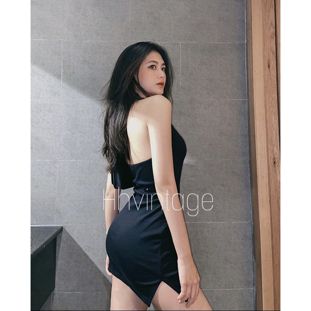 Đầm body nữ hở lưng HHVINTAGE kiểu khoen cột thun co giãn Dress A40