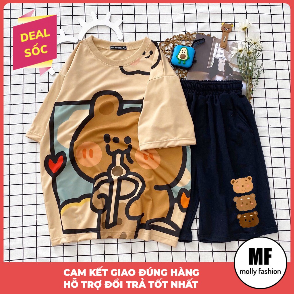 [Mã WANOV30 hoàn 15% xu đơn 99k] Set bộ cartoon hoạt hình Gấu trà sữa form rộng Unisex Molly Fashion