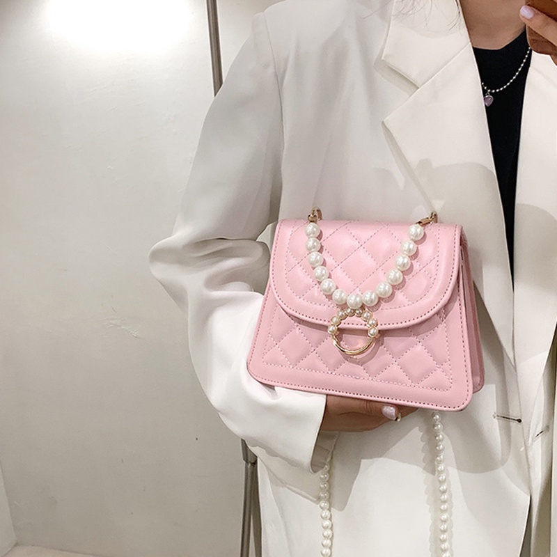 Túi đeo chéo IELGY dáng vuông nhỏ đính ngọc trai giả thời trang cho nữ