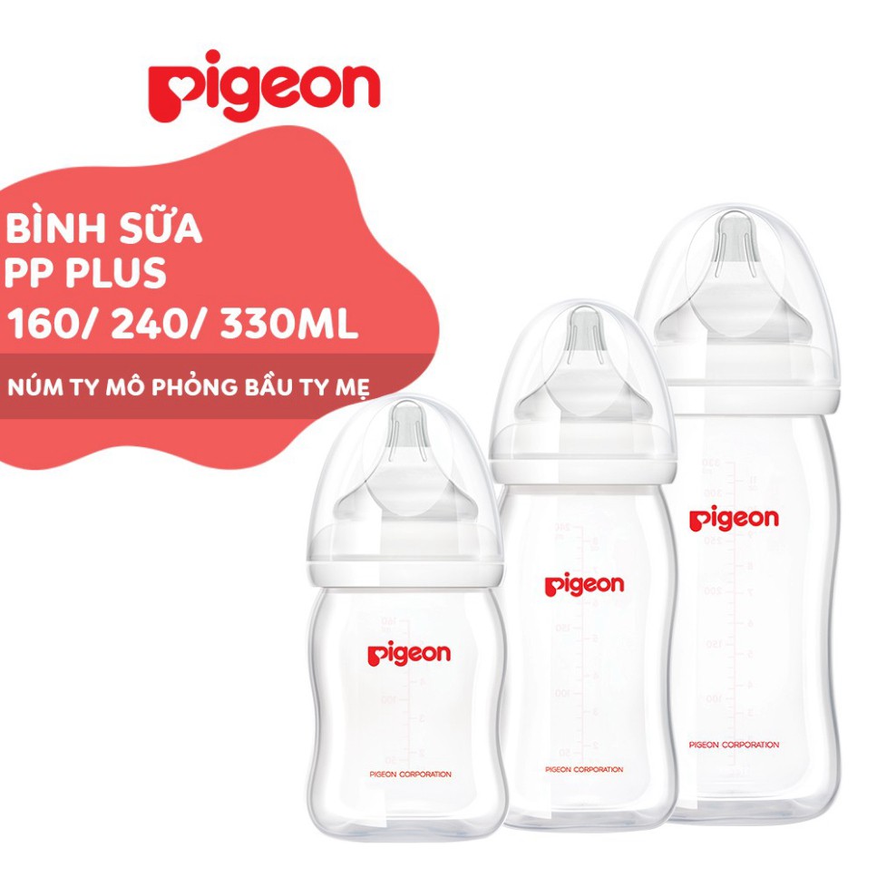 Bình sữa Pigeon 160ml / 240ml / 330ml cổ rộng PP Plus với núm vú silicone siêu mềm Plus  WOWDAD