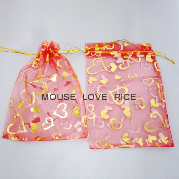 Túi thơm dây rút vải voan họa tiết trái tim bay lượn kích thước 13x18 dùng gói quà trang trí tết - mouse love rice