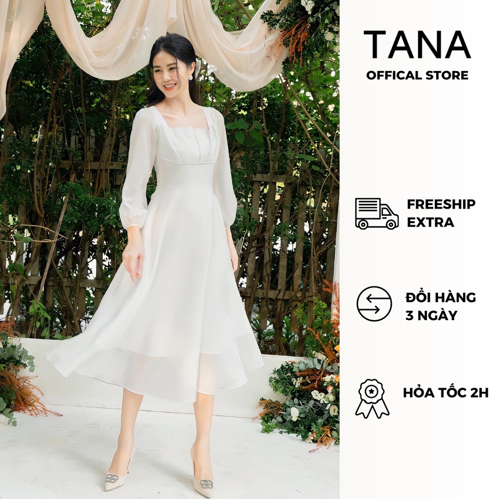 Đầm dự tiệc TANA D0472 đầm trắng dáng maxi bo eo xếp ly mặc đi tiệc, đi chơi, đi du lịch