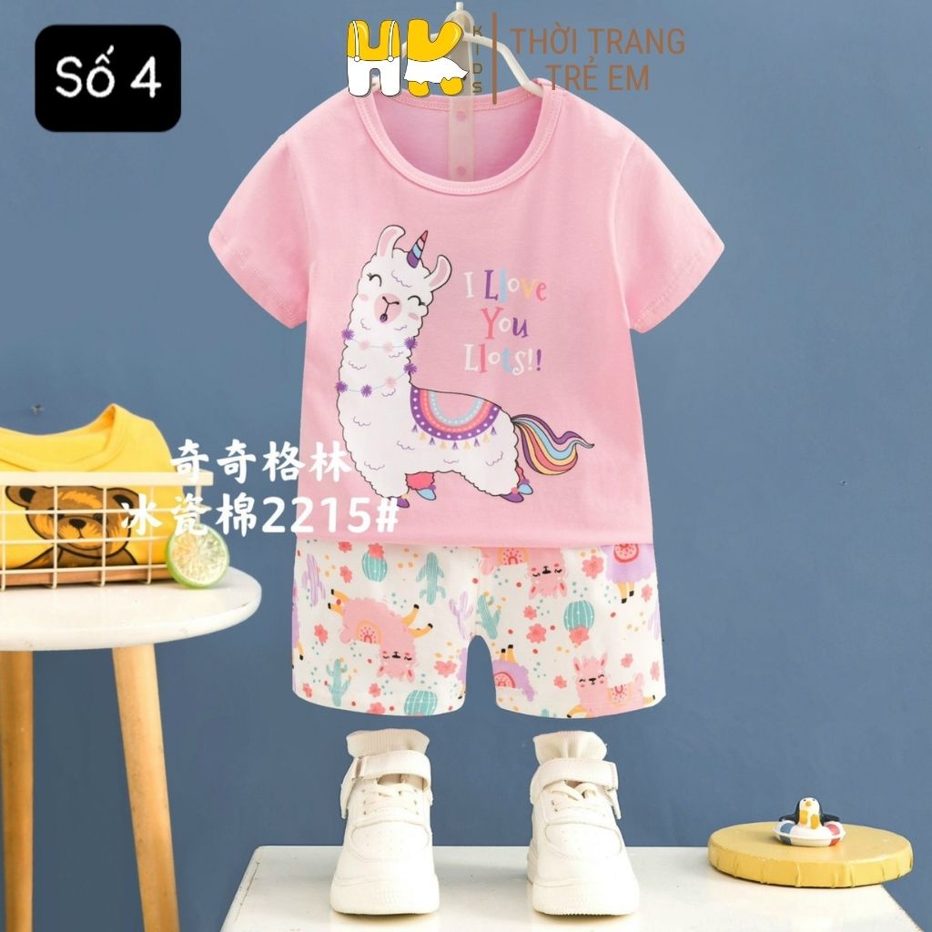 Bộ quần áo cộc tay bé gái HK KIDS, bộ đồ ngắn tay cotton mềm mát size cho bé từ 1-7 tuổi