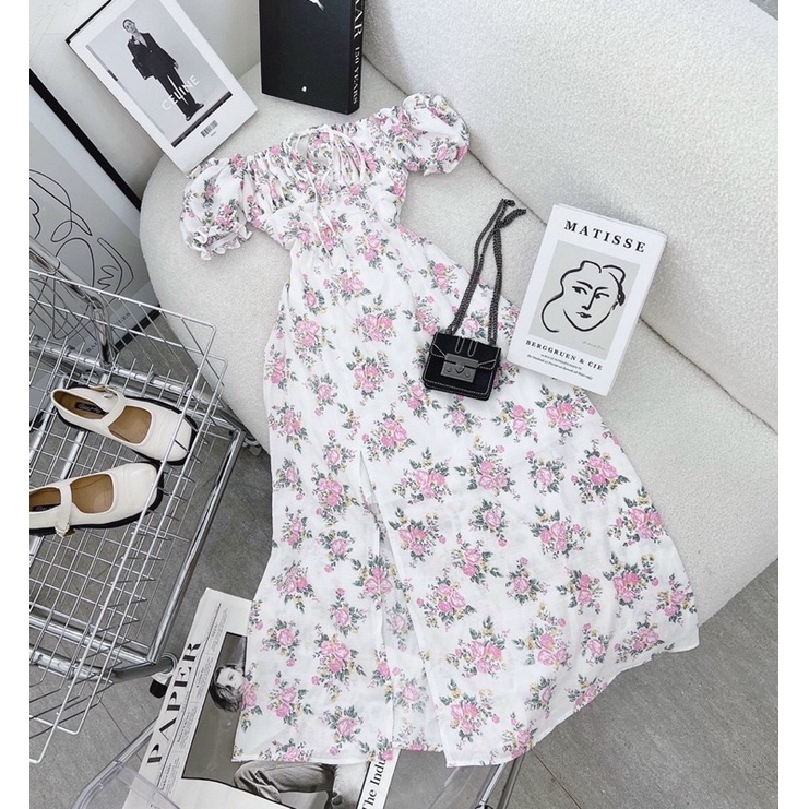 Đầm maxi hoa xanh xẻ tà tay phồng nhún ngực đi biển du lịch NÀNG CLOSET