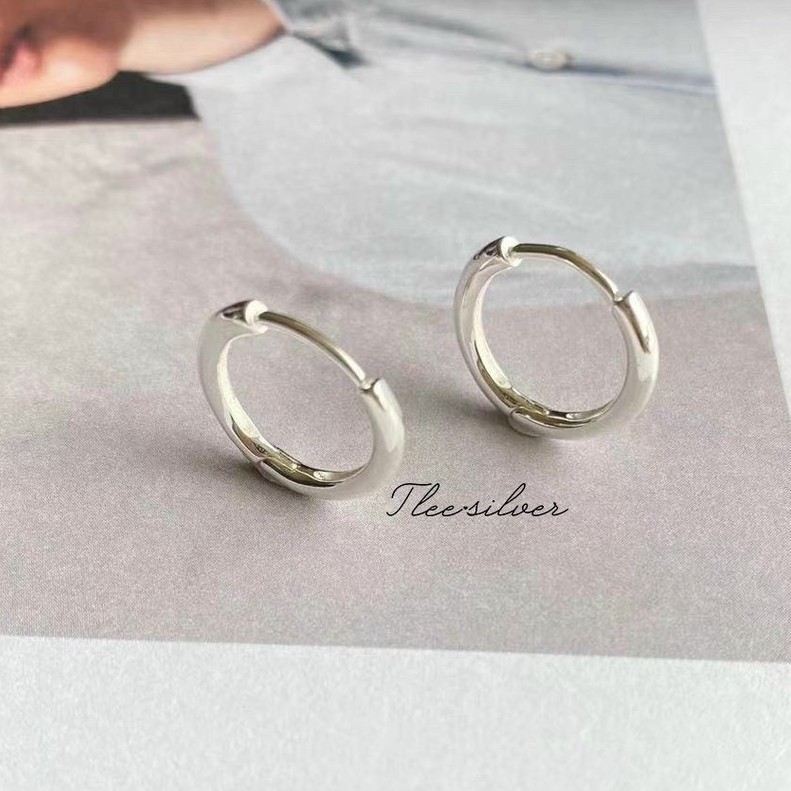 Khuyên tai bạc TLEE tròn trơn bản dày chốt bấm chắc chắn size đường kính 10mm TleeJewelry B0335