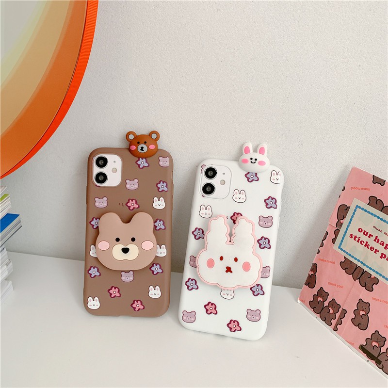 Cartoon Bear Rabbit Case Samsung Galaxy S21 S20 FE Note 20 Ultra S8 S9 S10 Note 10 Plus Papa Stand Soft TPU Phone Case