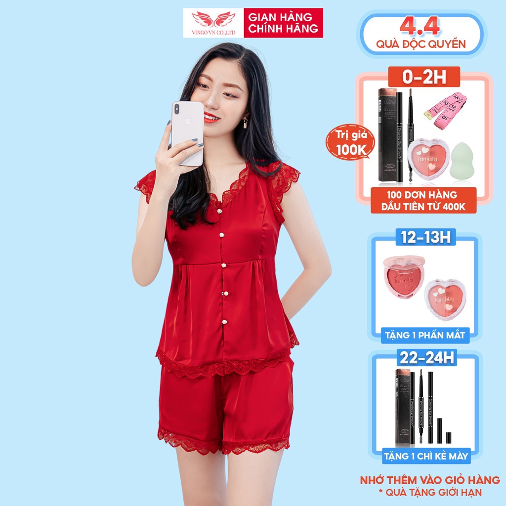 Đồ Bộ Nữ Pijama Mặc Nhà VINGO Lụa Pháp Cao Cấp Tay Cộc Quần Cộc Phối Cúc Ngọc Và Viền Ren Mềm Mại Thanh Lịch N329 VNGO