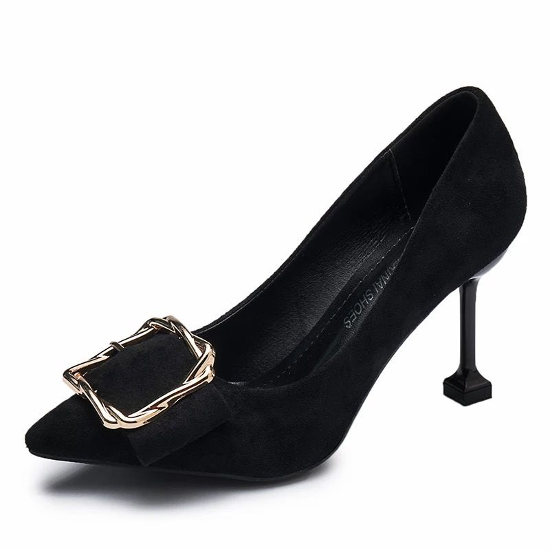 Giày Cao Gót Da Lộn Mũi Vuông Màu Đen Phong Cách Hàn Quốc Thời Trang Cho Nữ