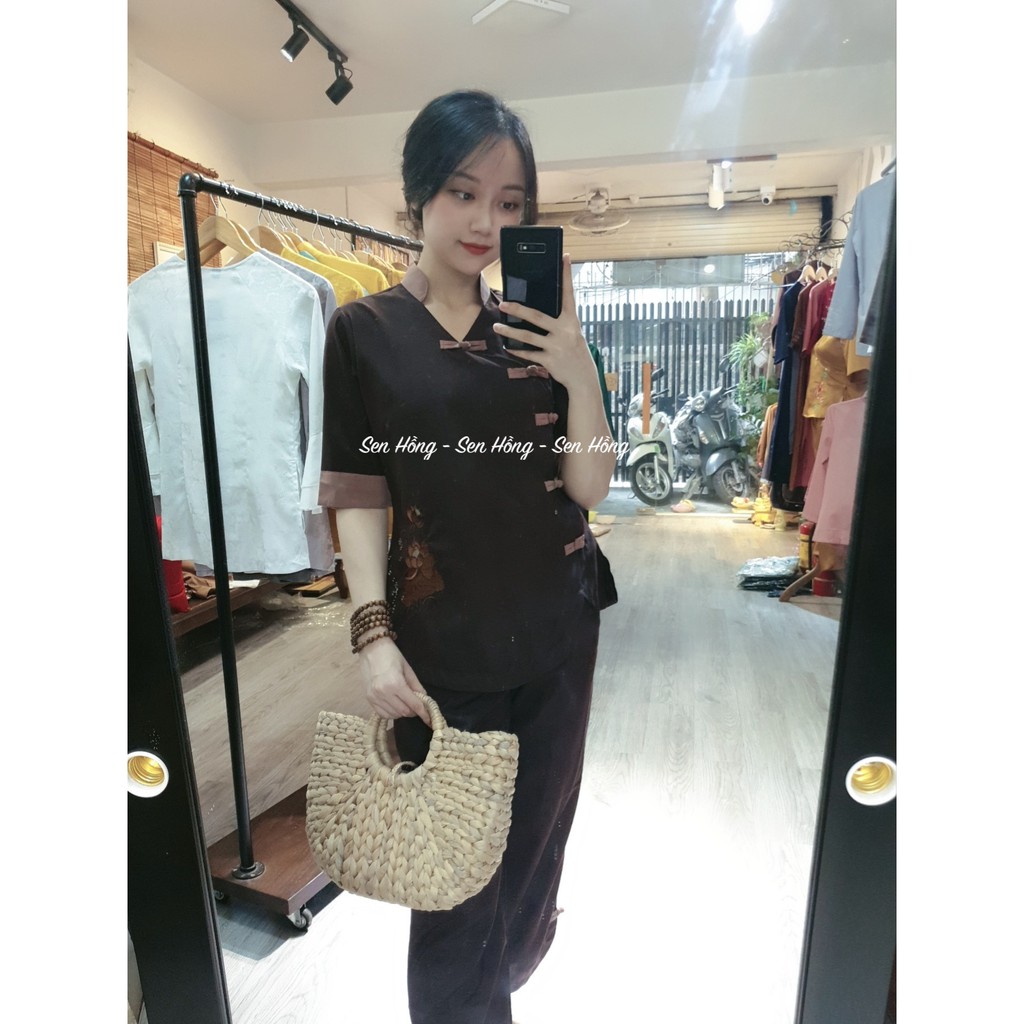 [Mã FATHANG5 giảm 10K đơn 50K] Bộ Nâu đi chùa quần áo Phật tử mẫu cài phải 5 nút nâu - bộ đi chùa pháp phục Sen Hồng