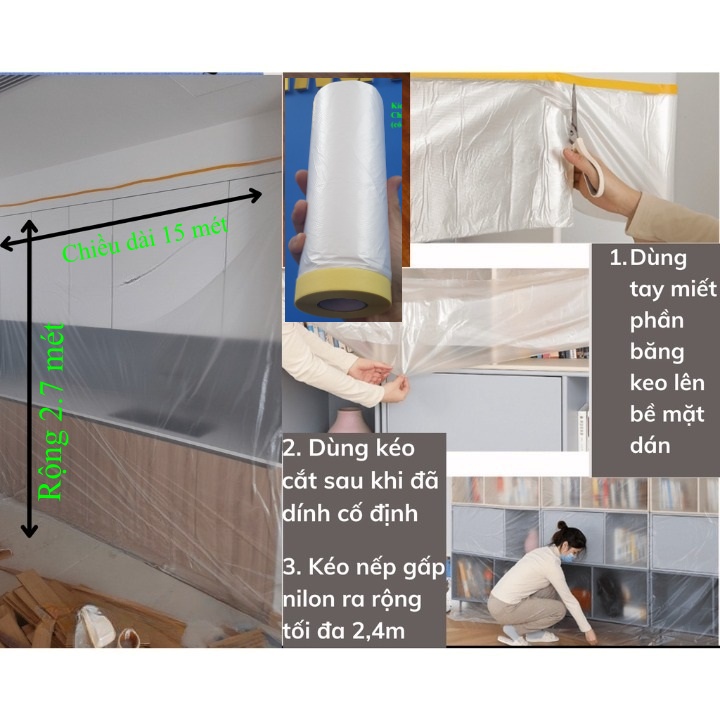 Nilong che bụi có keo dán cố định 3x15m, màng bọc nilong che chắn bụi giường tủ sửa nhà, băng dính nilon SONQUANGPHU8856