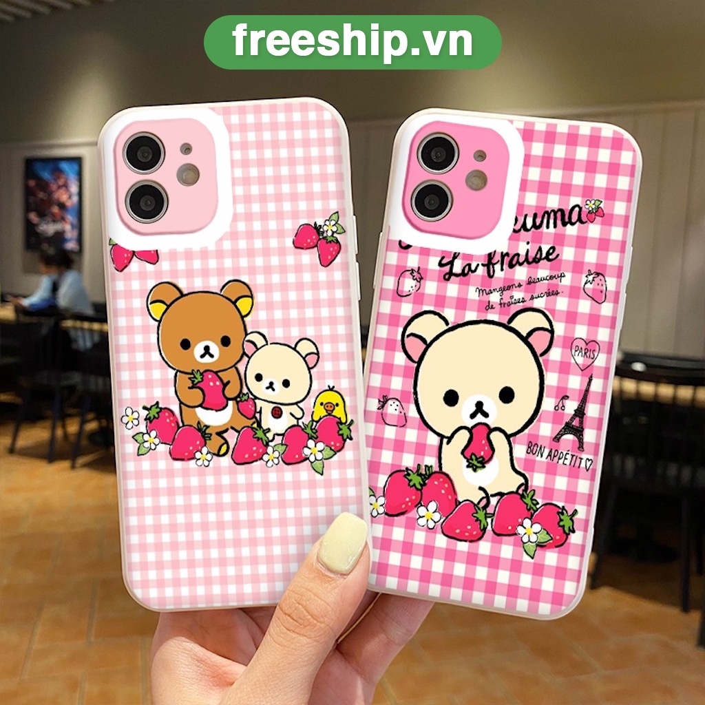 Ốp iphone - Ốp lưng iphone caro siêu cool gấu cầm dâu tây caro hồng dành cho ip 6 đến 13promax - nn081