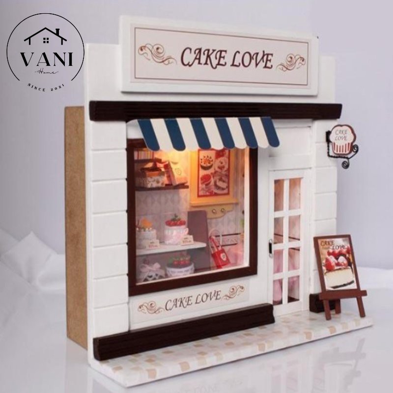 Nhà mô hình TIỆM BÁNH KEM có đèn led cho bé - Nhà búp bê - tiệm bánh CAKE LOVE