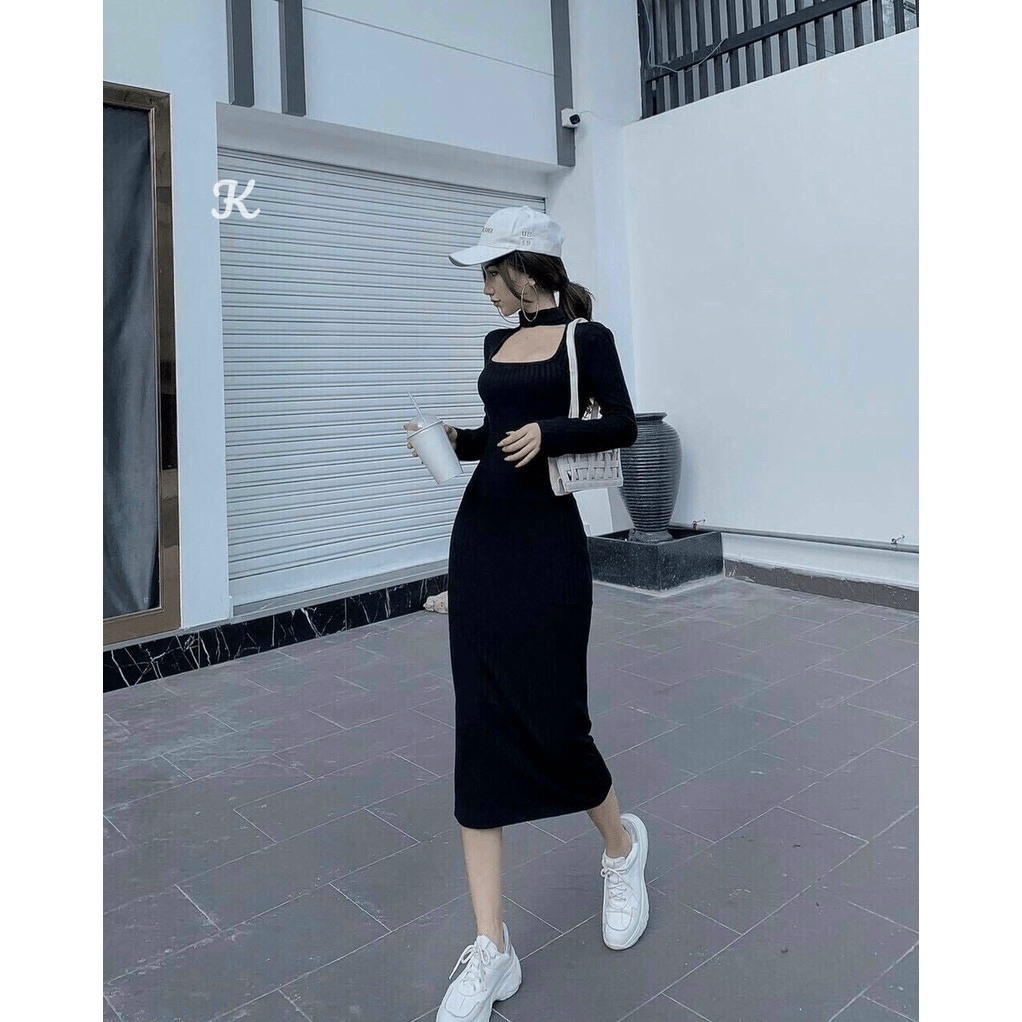 Đầm suông body tay dài, đầm đen ôm body cổ vuông choker tôn dáng, dạo phố phong cách HQ