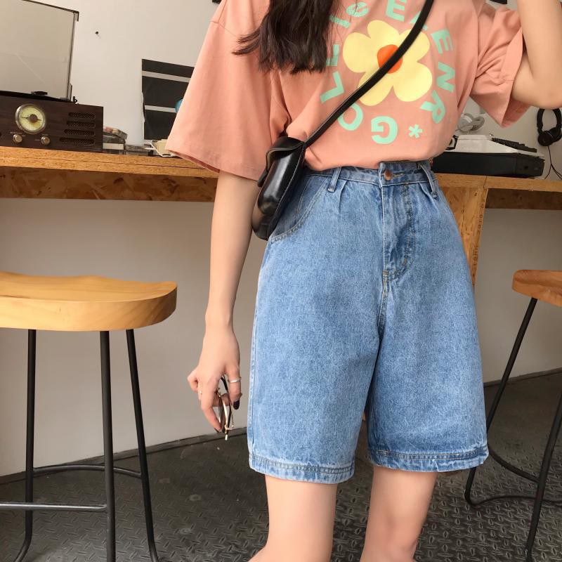 Quần short denim nữ lưng cao phong cách retro Hàn Quốc