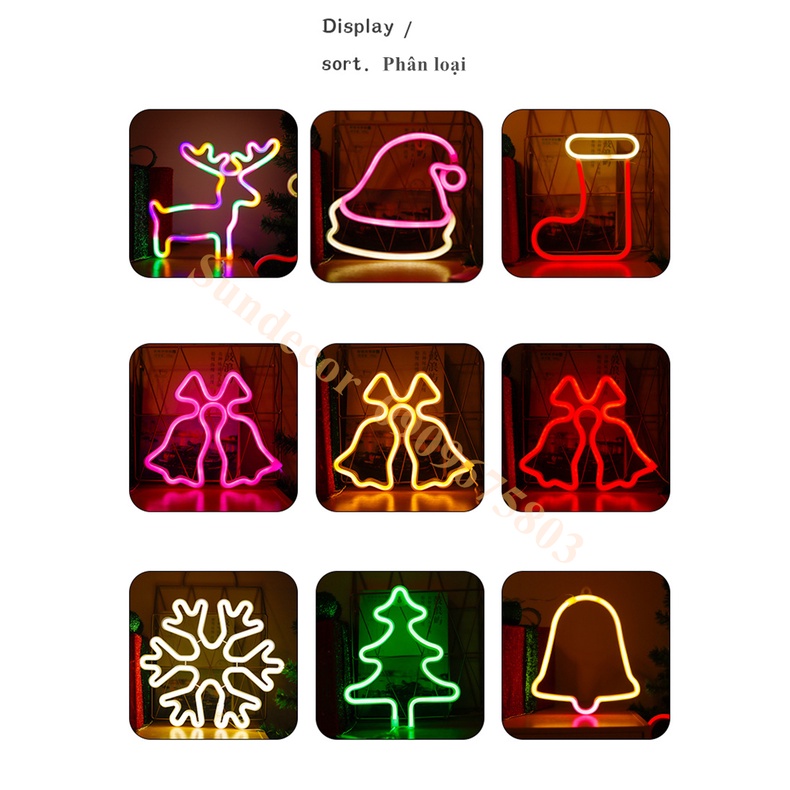 Đèn LED chữ NEON nhiều mẫu NOEL GIÁNG SINH trang trí DECOR phòng ngủ , quán có hộp PIN + USB Sundecor
