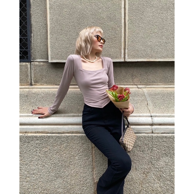 Áo thun nữ vải gân cổ vuông vạt nhọn cá tính MIEU - JA17