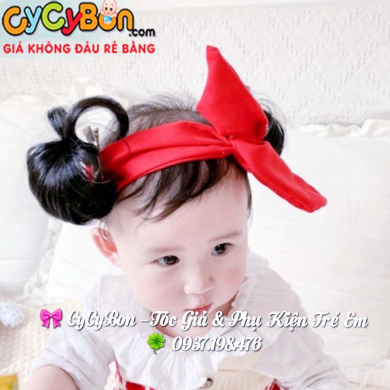 Băng Đô Turban Tóc Giả Cho Bé Gái Nơ Đỏ Quấn - Kèm Mái và Búi Tóc 2 Bên !