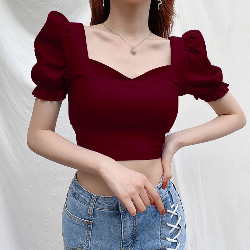 Áo Crop Top Tay Phồng Cổ Vuông Màu Trơn Dễ Thương Dành Cho Phụ Nữ