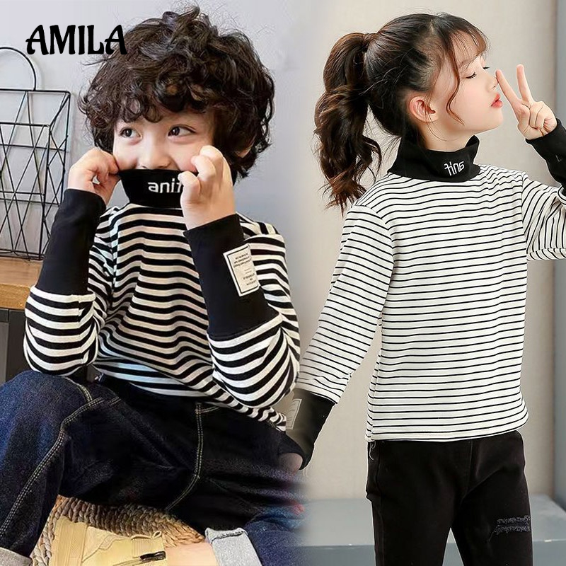 Áo thun AMILA tay dài vải nhung dày họa tiết kẻ sọc thời trang thu đông cho bé