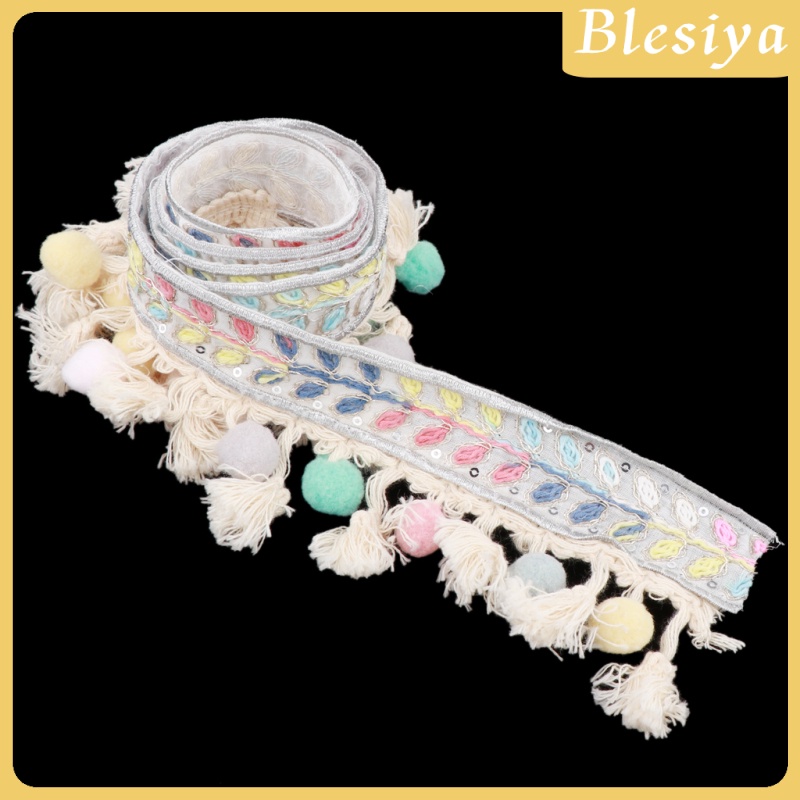 [BLESIYA]4x1 Yard Ethnic Style Ball Fringed Lace Jacquard Ribbon with Pompom Ball Trim