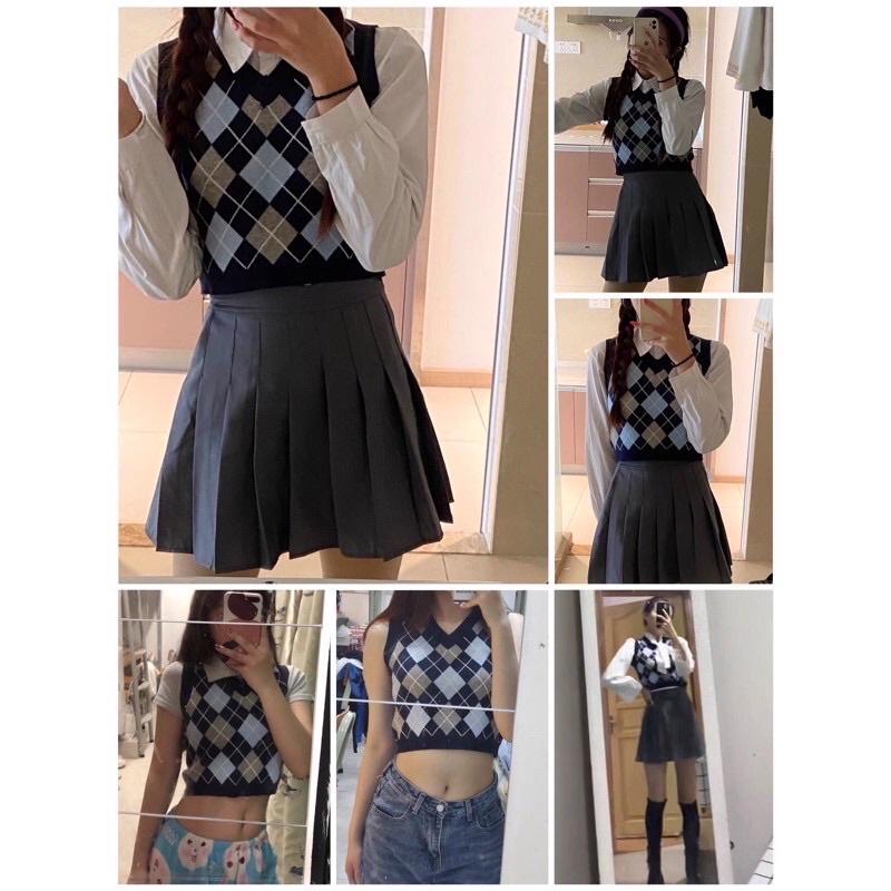 Áo Gile Len Cộc Tay Dáng Croptop Kèm Áo Polo Trắng Cực Xinh