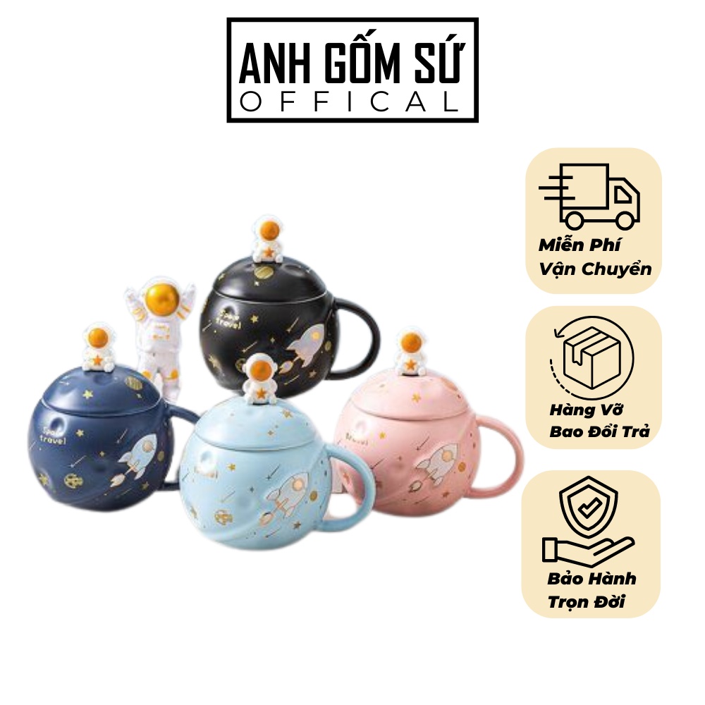 Cốc uống nước có nắp, ly sứ có nắp 3D phi hành gia tặng kèm thìa dung tích 400ml - Hàng cao cấp
