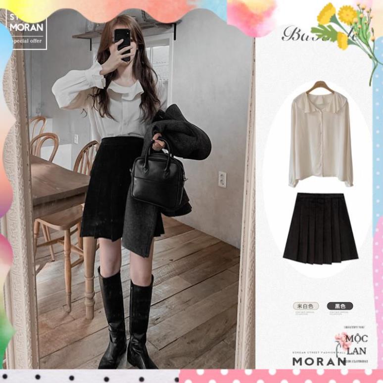 Set áo sơ mi MORAN dài tay cổ phối bèo điệu đà + Chân váy xòe xếp ly style Hàn Quốc