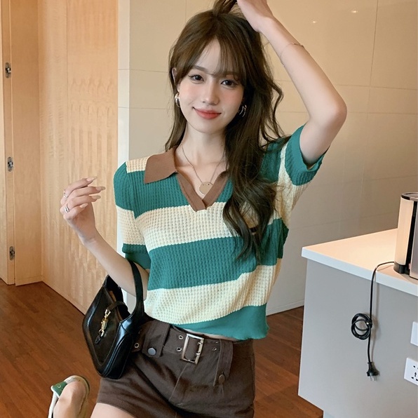 Áo thun polo ZHELIHANGFEI vải dệt kim tay ngắn kẻ sọc thời trang