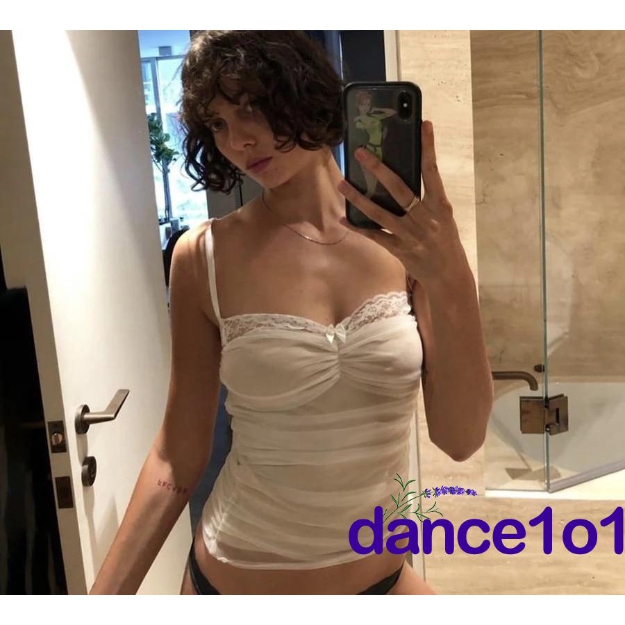 Áo hai dây xếp ly vải tuyn phối ren thắt nơ màu trơn phong cách quyến rũ cho nữ