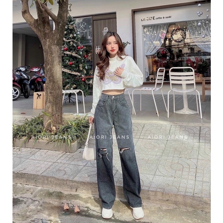 Quần Jeans Nữ Aiori Quần Suông Jeans Ống Rộng Rách Gối Loang Màu Xám, Chất Jeans Cotton Cực Xịn_Mã 3344