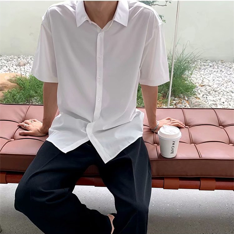 Áo Sơ Mi Tay Ngắn Dáng Rộng Co Giãn Tốt Màu Trơn Thời Trang Mùa Hè Cho Nam Size M-2XL