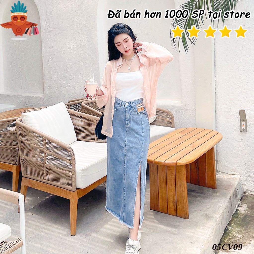 Chân váy jean dáng dài lỡ xẻ bên logo màu xanh nhạt, đen THOCA HOUSE sang trọng, thanh lịch | BigBuy360 - bigbuy360.vn