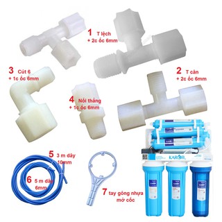 Tay gông nhựa mở cốc, dây ống 6, 10, cút ốc, T lệch, T cân các loại