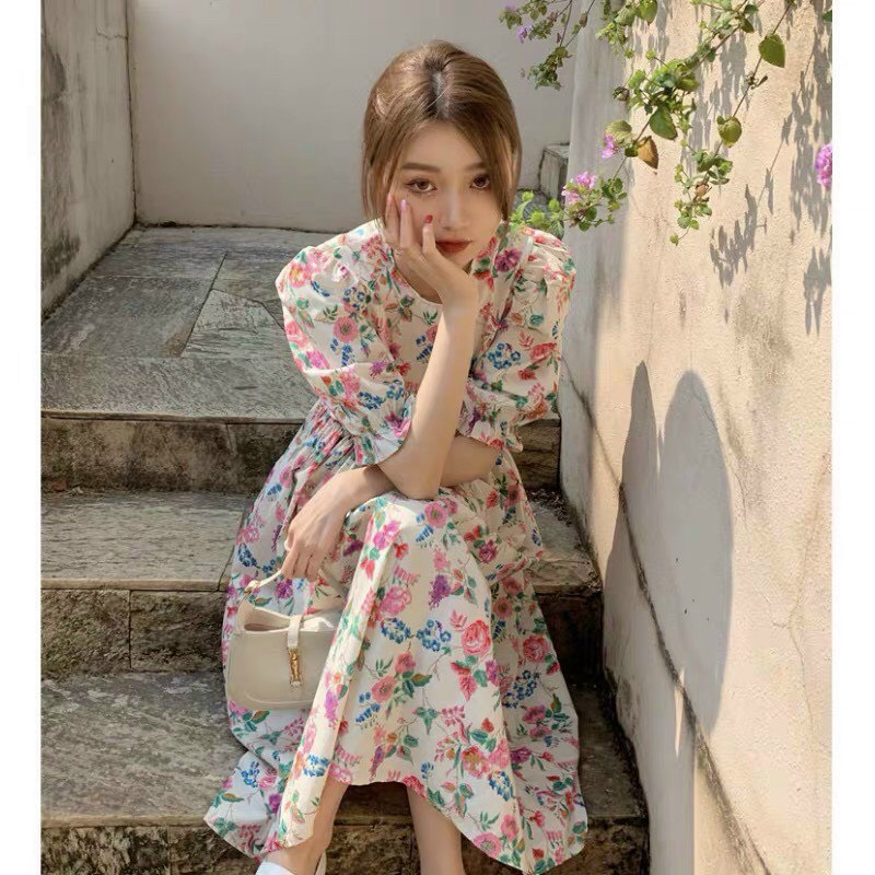 Đầm hoa dáng thân dài bo chun ống tay và eo bụng thích hợp đi biển đi dạo phố nha chị em