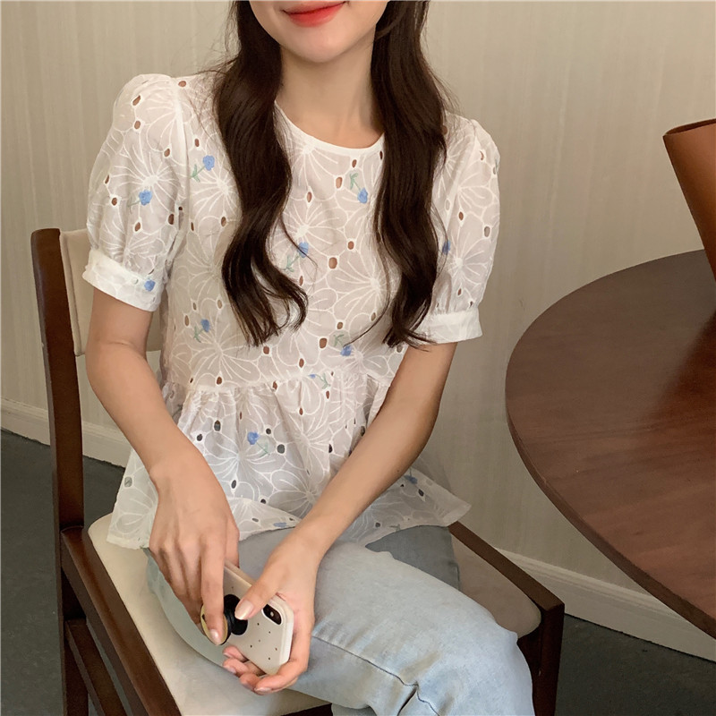 SUXI Áo Thun Tay Ngắn Cổ Tròn Thêu Họa Tiết Phong Cách Hàn Quốc Cho Nữ