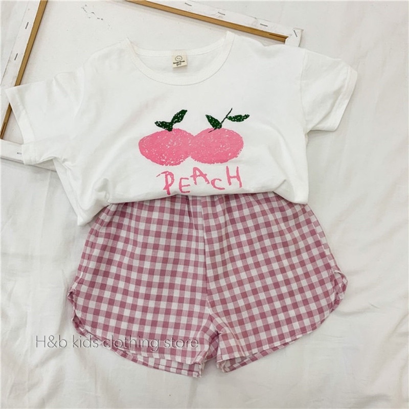 Bộ hoa quả cho bé trai, bé gái. Áo cotton, quần đũi kẻ mát rượi- M0031