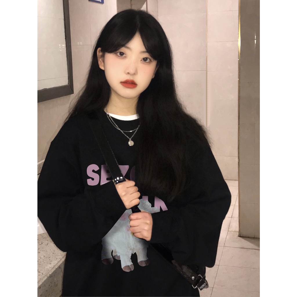 Áo hoodie SELVZE tay dài dáng rộng không có nón in họa tiết phong cách Mỹ cho nữ