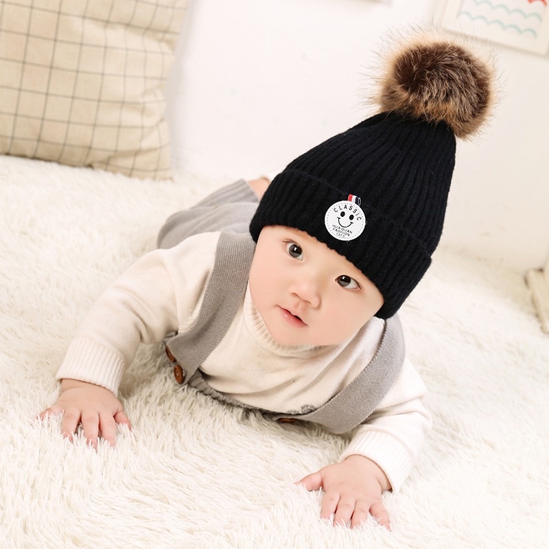 Mũ len quả bông cho bé hình mặt cười từ 5 tháng-3 tuổi