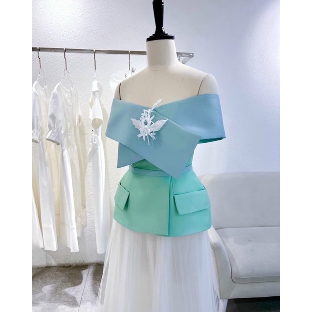 SÉT ÁO + CHÂN VÁY BẸT VAI PHỐI MÀU  ( áo, chân váy, hoa cài áo , dây nịt eo) full size S/M/L/XL