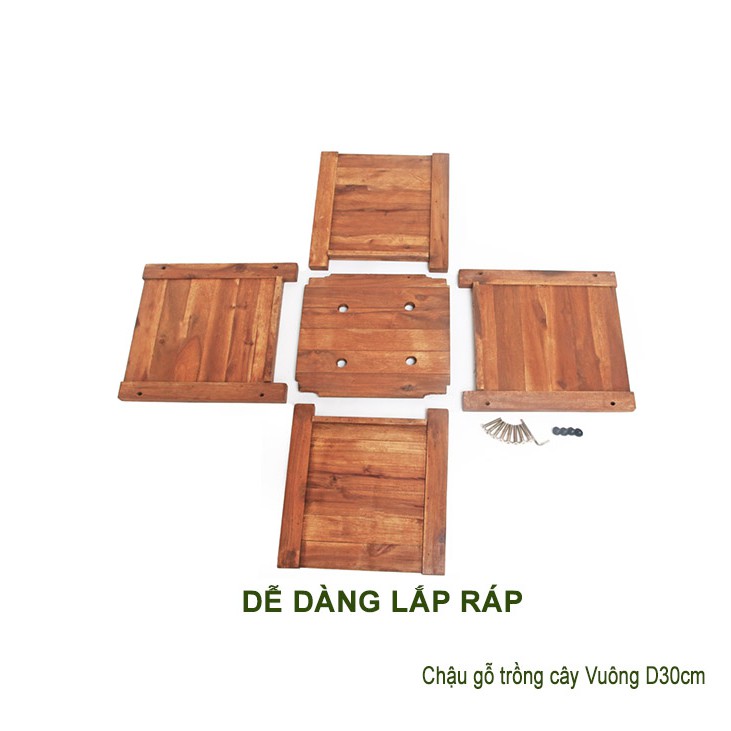 Chậu gỗ trồng cây, hình vuông, D30xR30xC30cm, gỗ Tràm chịu nước, tặng 1 hộp dưỡng hoa tươi lâu |Greenhome