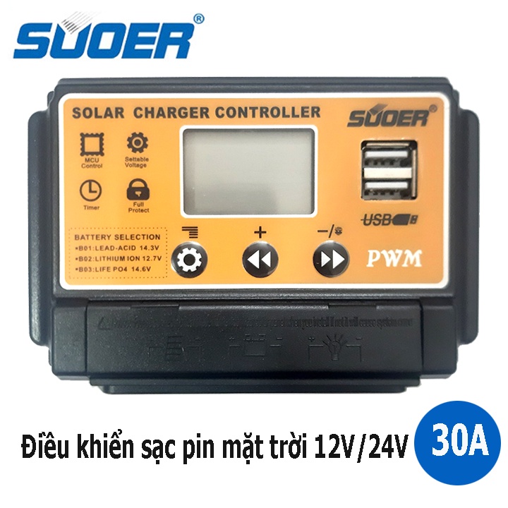 Điều khiển sạc năng lượng mặt trời 30A PWM Suoer ST 1230