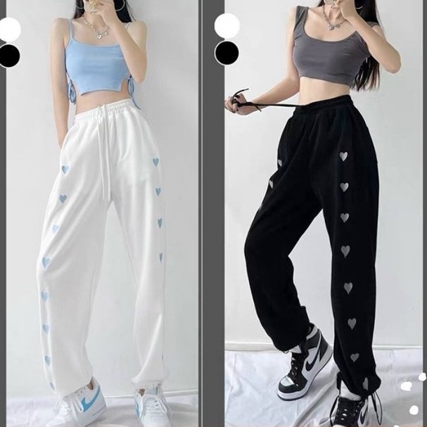 Quần jogger tim trước có 2 màu Đen Trắng 2 size M, L chất umi đanh mịn không xù dầy, tim đẹp, chun ống