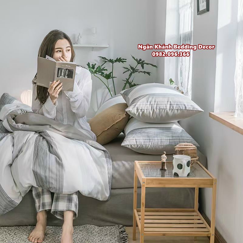 Bộ chăn ga gối ga giường cotton living Hàn Quốc mẫu kẻ sọc mới nhất - Ngân Khánh Bedding drap giường