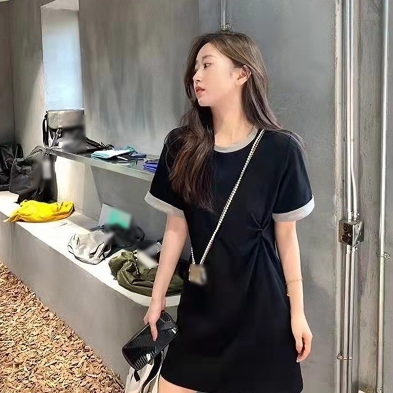 Đầm Mini Chữ A Cổ Tròn Tay Ngắn Màu Khối Xoắn Thắt Nút Ở Hông Cho Nữ