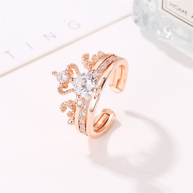Nhẫn vương miện 2 lớp lồng vào nhau đính đá phong cách Hàn Quốc