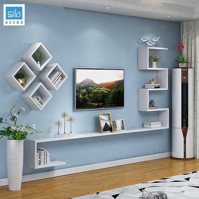 Kệ Tivi Treo Tường Phòng Khách Hiện Đại SIB Decor Gồm Khối Zic Zac Và 4 Ô Vuông, Gỗ Chống Ẩm Loại Cứng Dày Đến 25mm