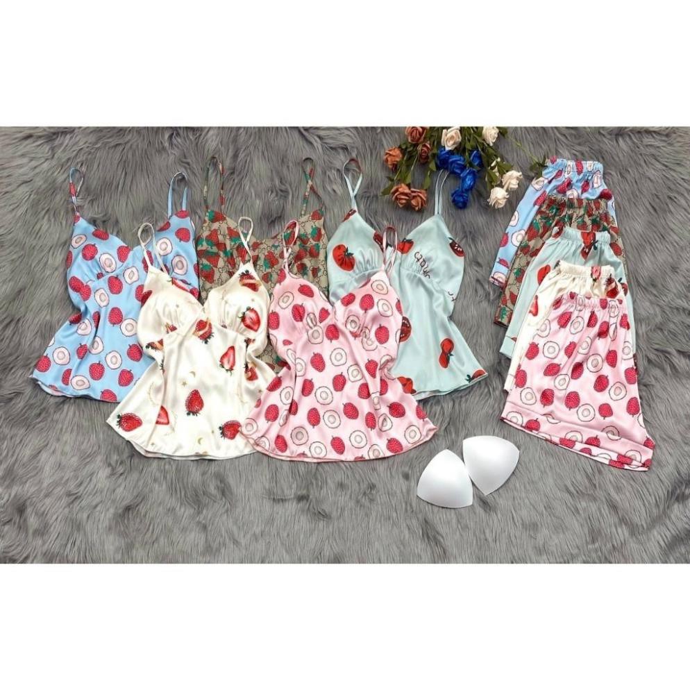 Đồ Ngủ 2 Dây Quần Cộc  Mặc Nhà Lụa Satin Cao Cấp Đủ Size Dưới 60Kg, Đồ Ngủ Sexy Có Kèm Mút Ngực