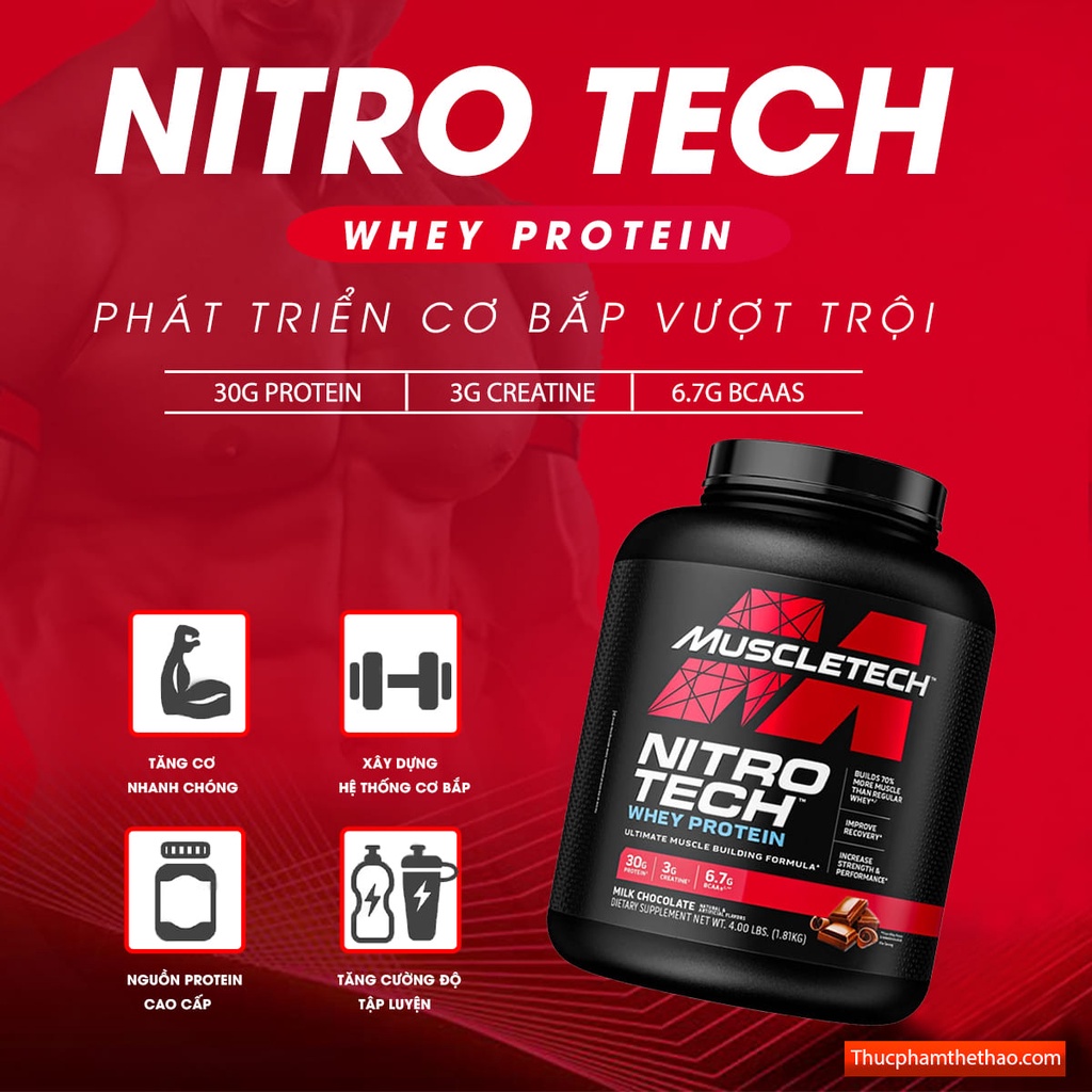 Sữa Whey Protein Tăng Cơ, Săn Chắc Nitro Tech Size 4lbs - Hàng Chính Hãng Muscletech USA - Nhiều Hương Vị - Kèm Quà Tặng