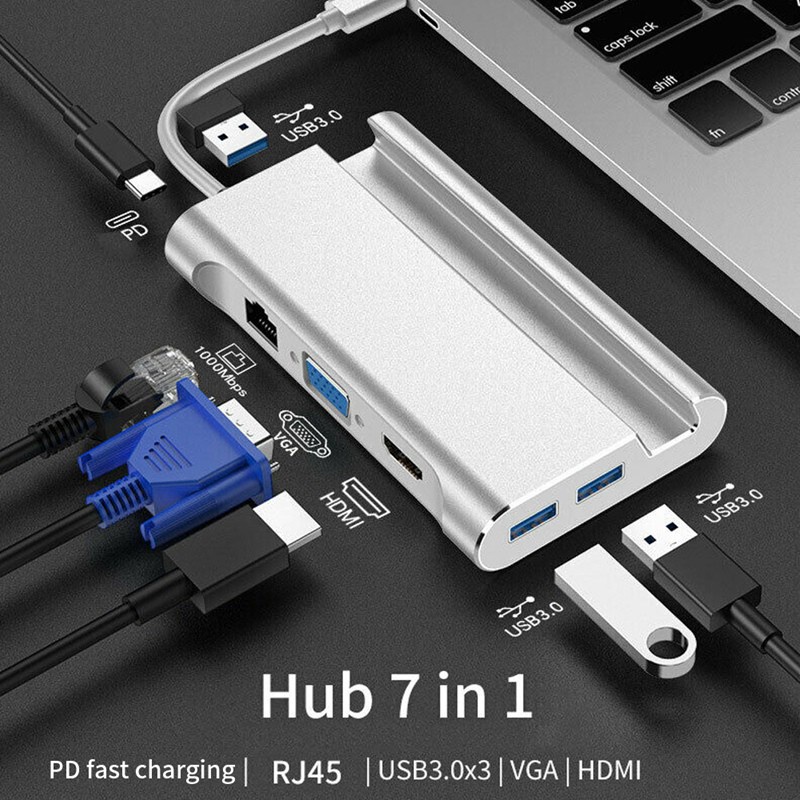 7 in 1 Type C Docking Station Hdmi USB 3.0 HDMI VGA RJ45 PD Hub Black